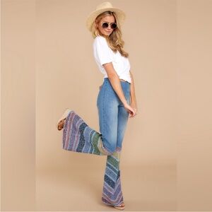 Judith March Free People Rainbow Crochet Granny Square Flares Denim Jeans Boho S